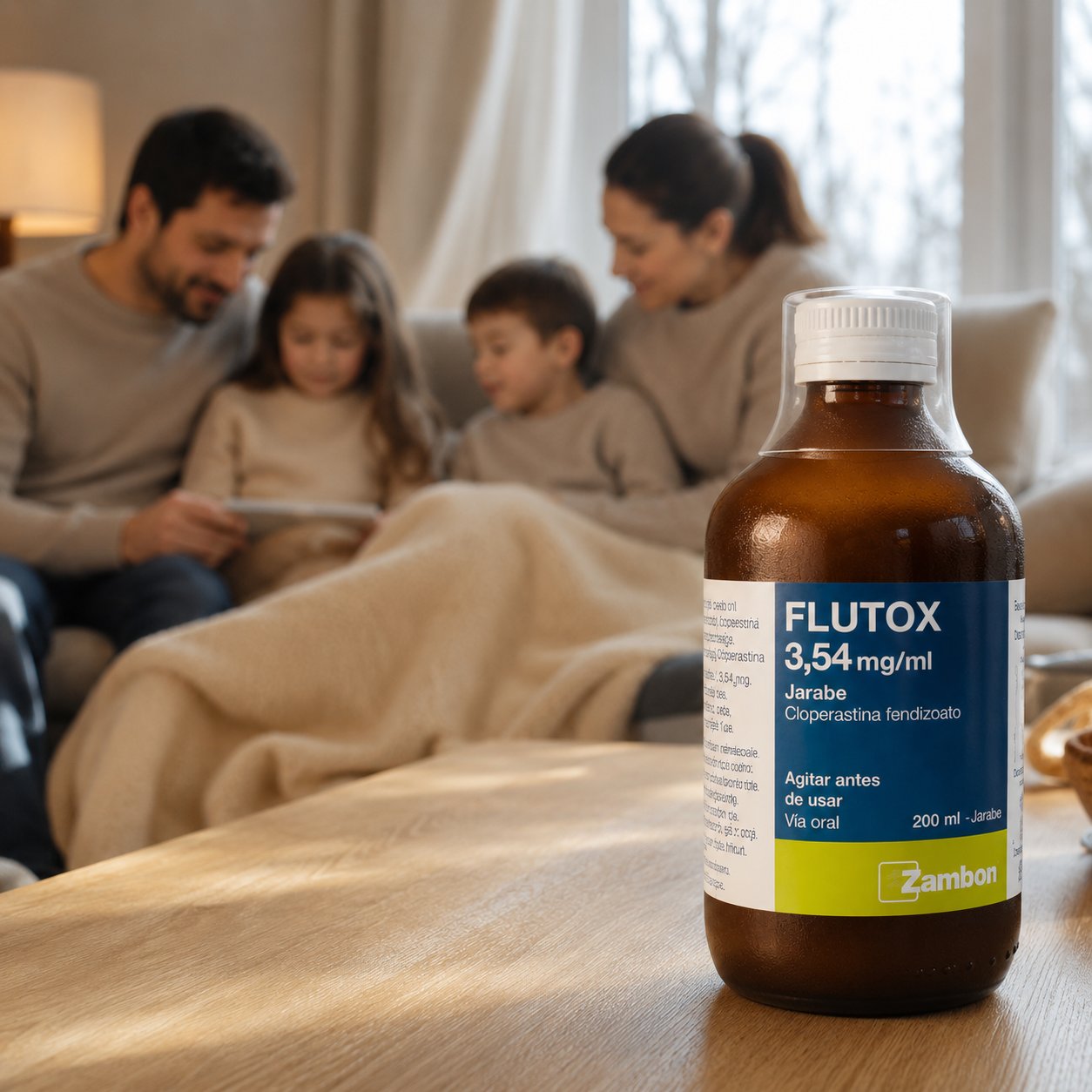 botella de flutox con familia al fondo