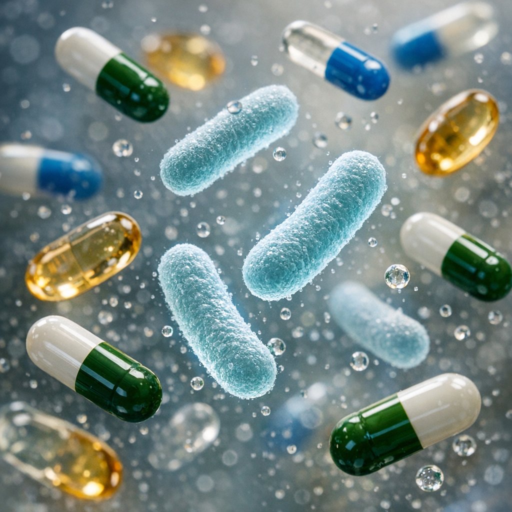 probióticos y medicamentos flotando en una escena indefinida