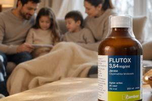 botella de flutox con familia al fondo