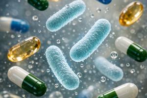 probióticos y medicamentos flotando en una escena indefinida